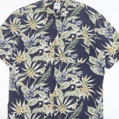 Zara Men Blue L Tropical Floral Hawaiian Short Sleeve Button-Up Shirt