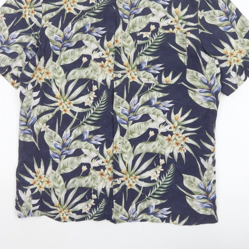 Zara Men Blue L Tropical Floral Hawaiian Short Sleeve Button-Up Shirt