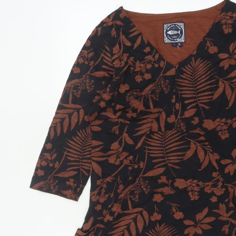 Weird Fish Women’s Black Brown Floral V-Neck Tunic Blouse UK 12