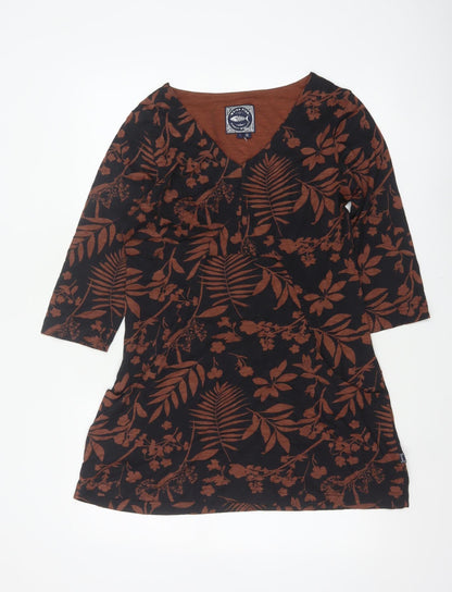 Weird Fish Women’s Black Brown Floral V-Neck Tunic Blouse UK 12