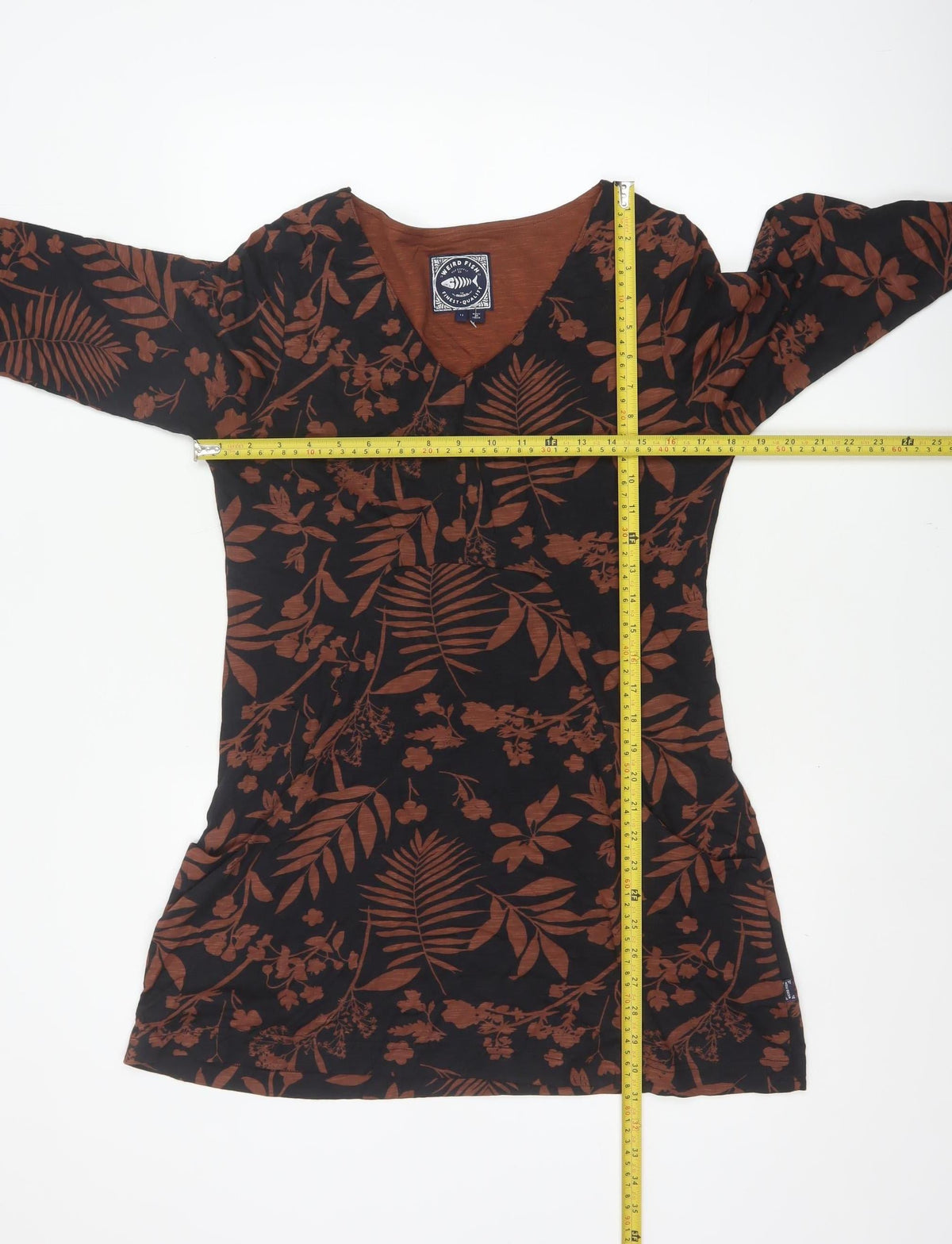 Weird Fish Women’s Black Brown Floral V-Neck Tunic Blouse UK 12