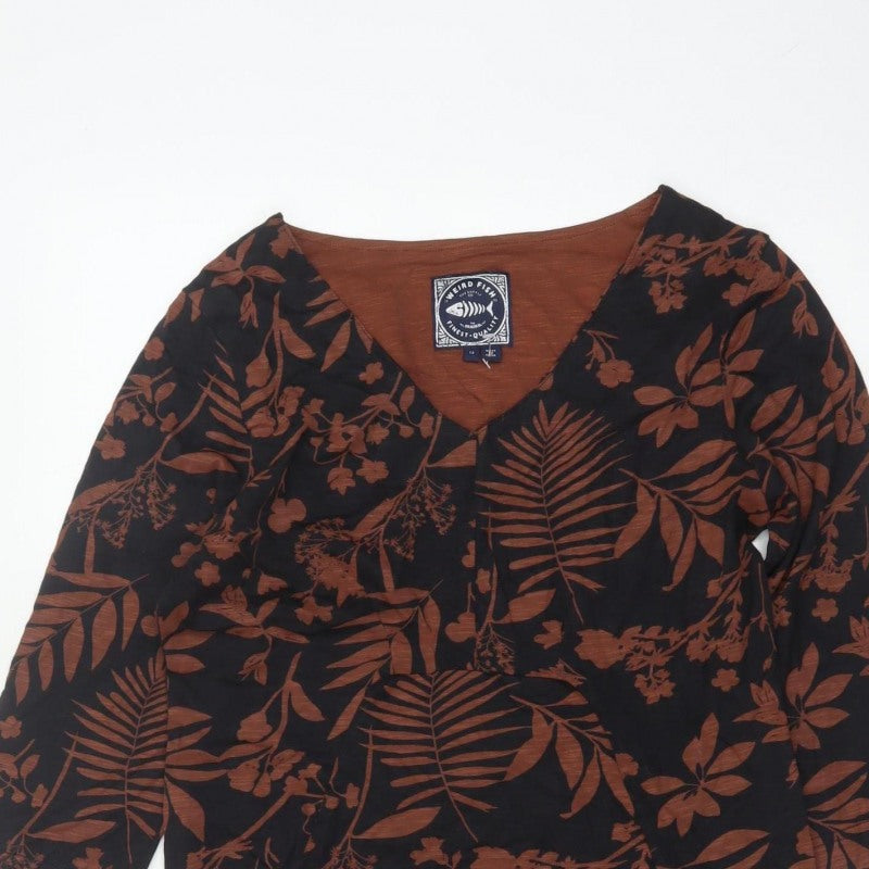 Weird Fish Women’s Black Brown Floral V-Neck Tunic Blouse UK 12
