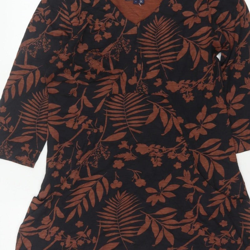 Weird Fish Women’s Black Brown Floral V-Neck Tunic Blouse UK 12