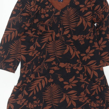 Weird Fish Women’s Black Brown Floral V-Neck Tunic Blouse UK 12