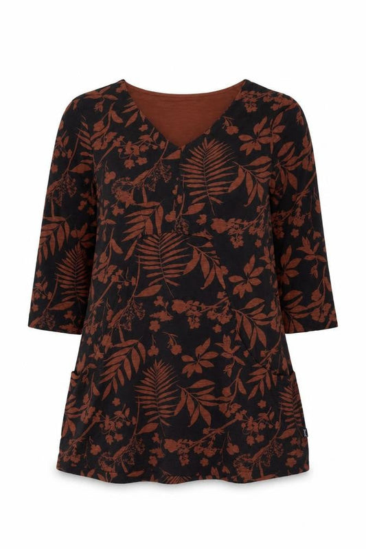 Weird Fish Women’s Black Brown Floral V-Neck Tunic Blouse UK 12