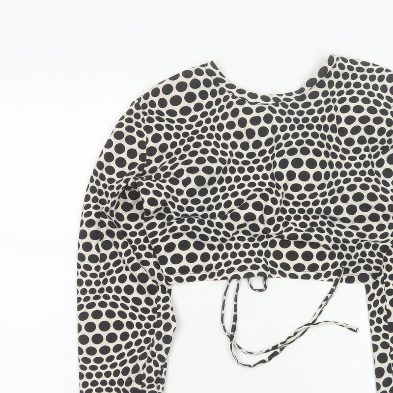 Monki Women Black & White Polka Dot 2XL Cropped Tie Back Blouse