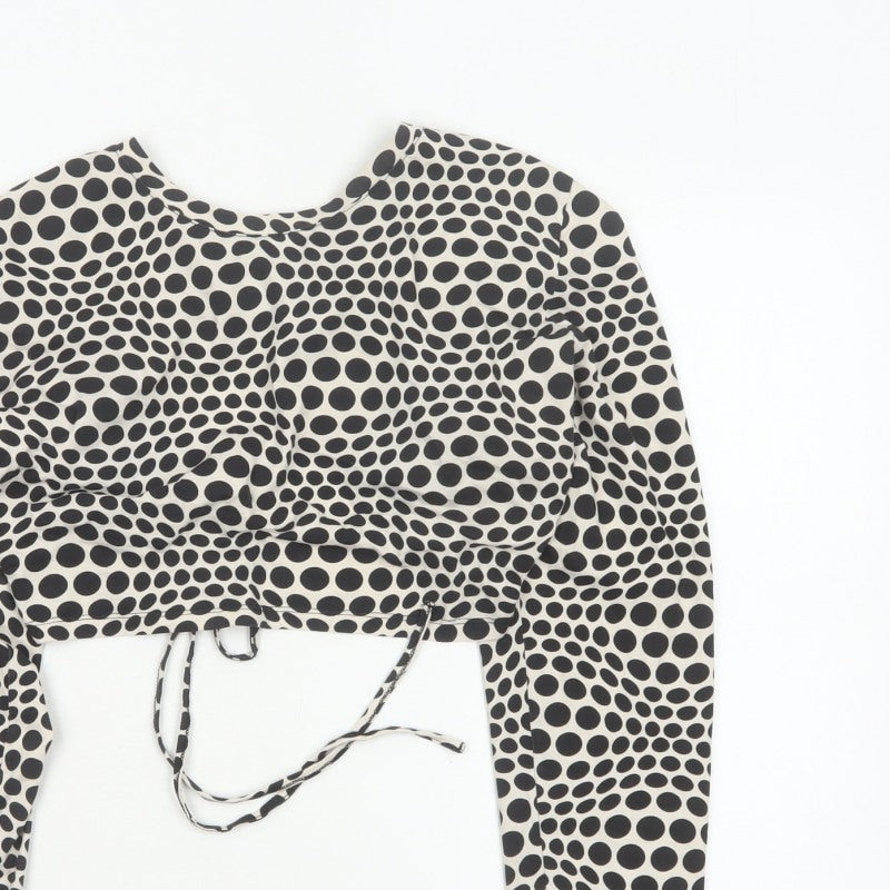 Monki Women Black & White Polka Dot 2XL Cropped Tie Back Blouse