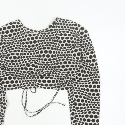 Monki Women Black & White Polka Dot 2XL Cropped Tie Back Blouse