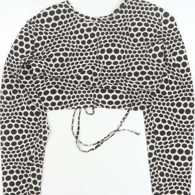 Monki Women Black & White Polka Dot 2XL Cropped Tie Back Blouse