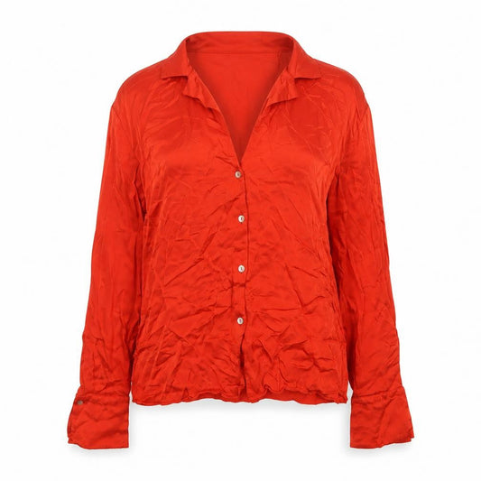 MNG Women Red M Viscose Collared Long Sleeve Button-Up Shirt