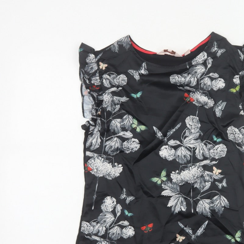 Ted Baker Women Black Floral Butterfly Ruffle Blouse UK 6