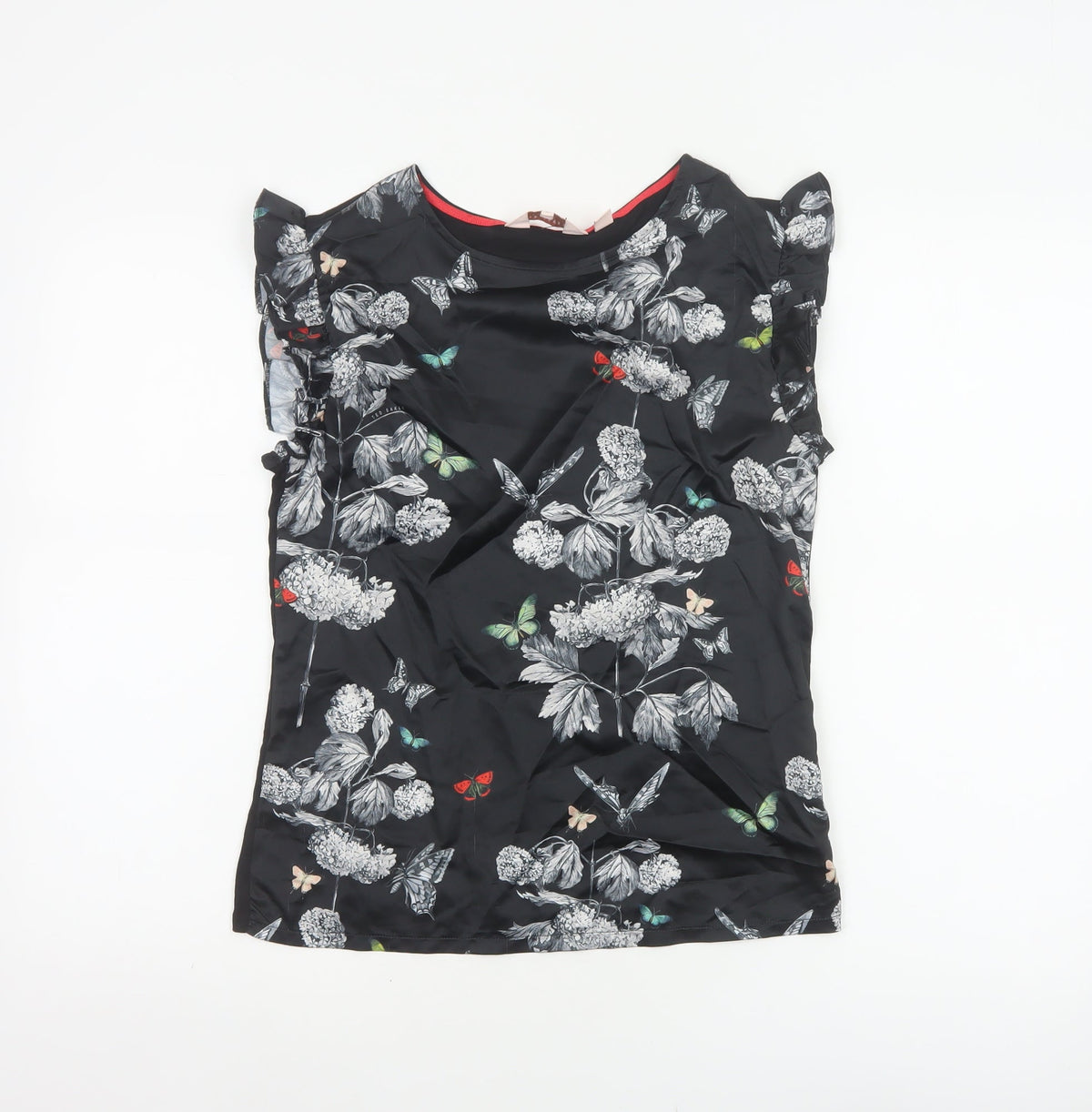Ted Baker Women Black Floral Butterfly Ruffle Blouse UK 6