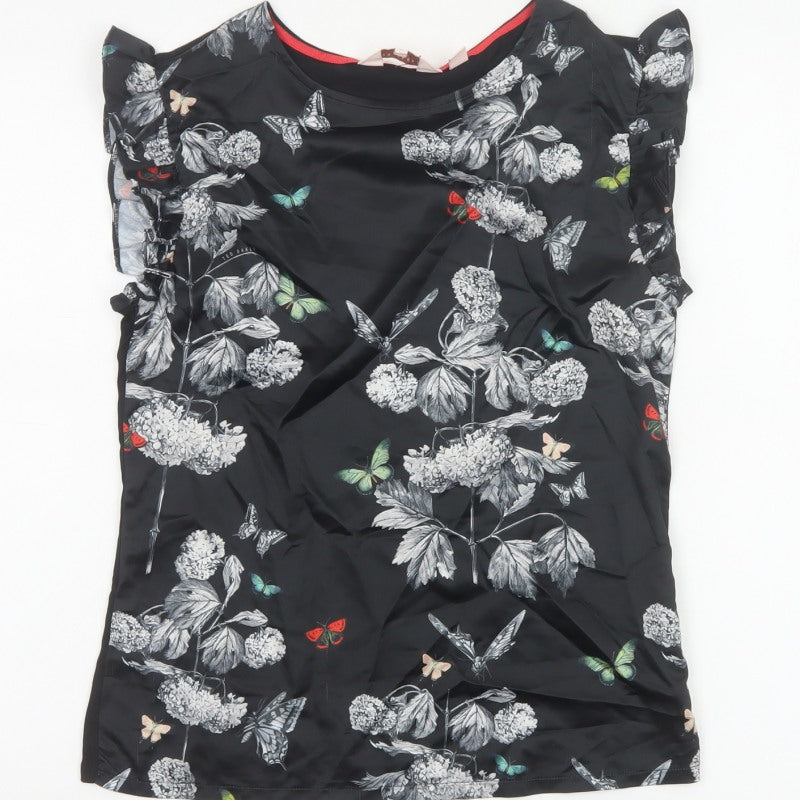 Ted Baker Women Black Floral Butterfly Ruffle Blouse UK 6