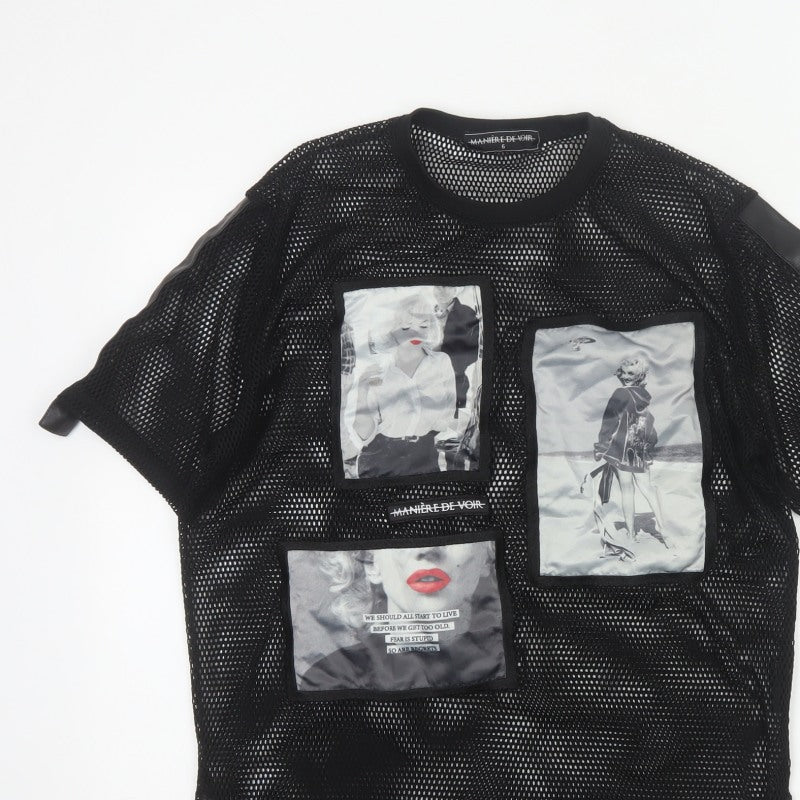 Manière De Voir Women Black UK 6 Sheer Mesh Marilyn Graphic T-Shirt