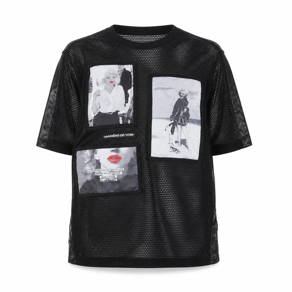 Manière De Voir Women Black UK 6 Sheer Mesh Marilyn Graphic T-Shirt