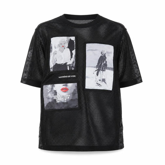 Manière De Voir Women Black UK 6 Sheer Mesh Marilyn Graphic T-Shirt