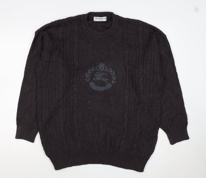 Burberrys Men Black XL Cable Knit Logo Crew Neck Wool Jumper