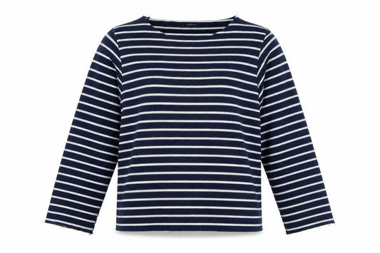 Zara Trafaluc Women Blue White M Striped Knit Boat Neck 3/4 Sleeve Top