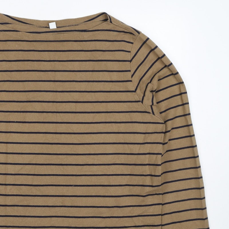 UNIQLO Women Brown Navy Stripe XL Boat Neck Long Sleeve Jersey Top