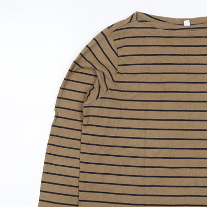 UNIQLO Women Brown Navy Stripe XL Boat Neck Long Sleeve Jersey Top