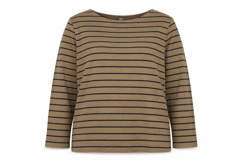 UNIQLO Women Brown Navy Stripe XL Boat Neck Long Sleeve Jersey Top