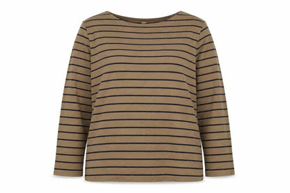 UNIQLO Women Brown Navy Stripe XL Boat Neck Long Sleeve Jersey Top