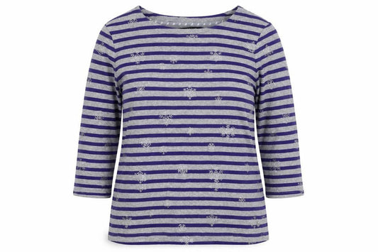 Maine New England Women’s Grey Purple Stripe Glitter Snowflake Top UK 16