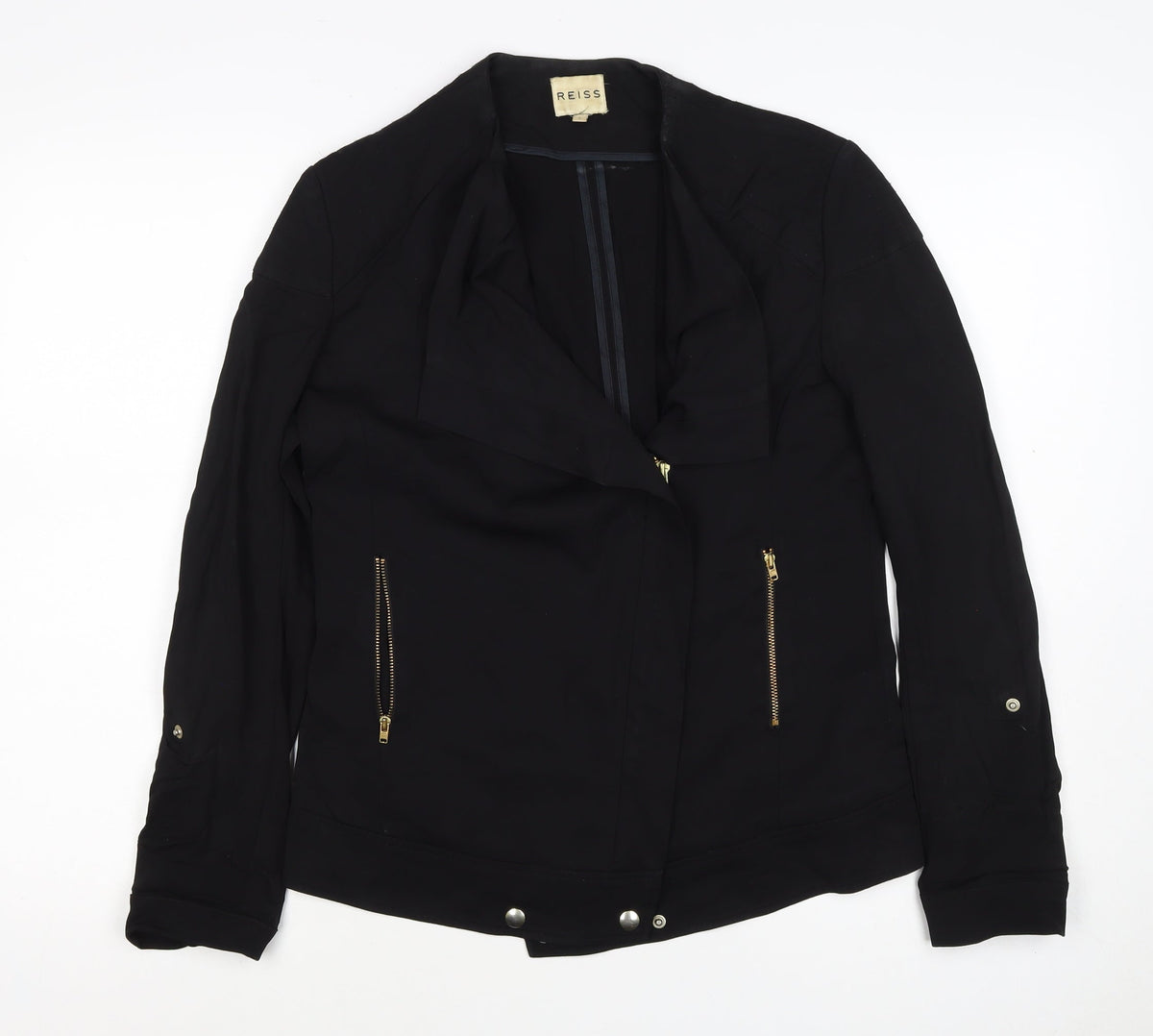 Reiss Women’s Black Size S Biker Jacket Gold Zip Lined