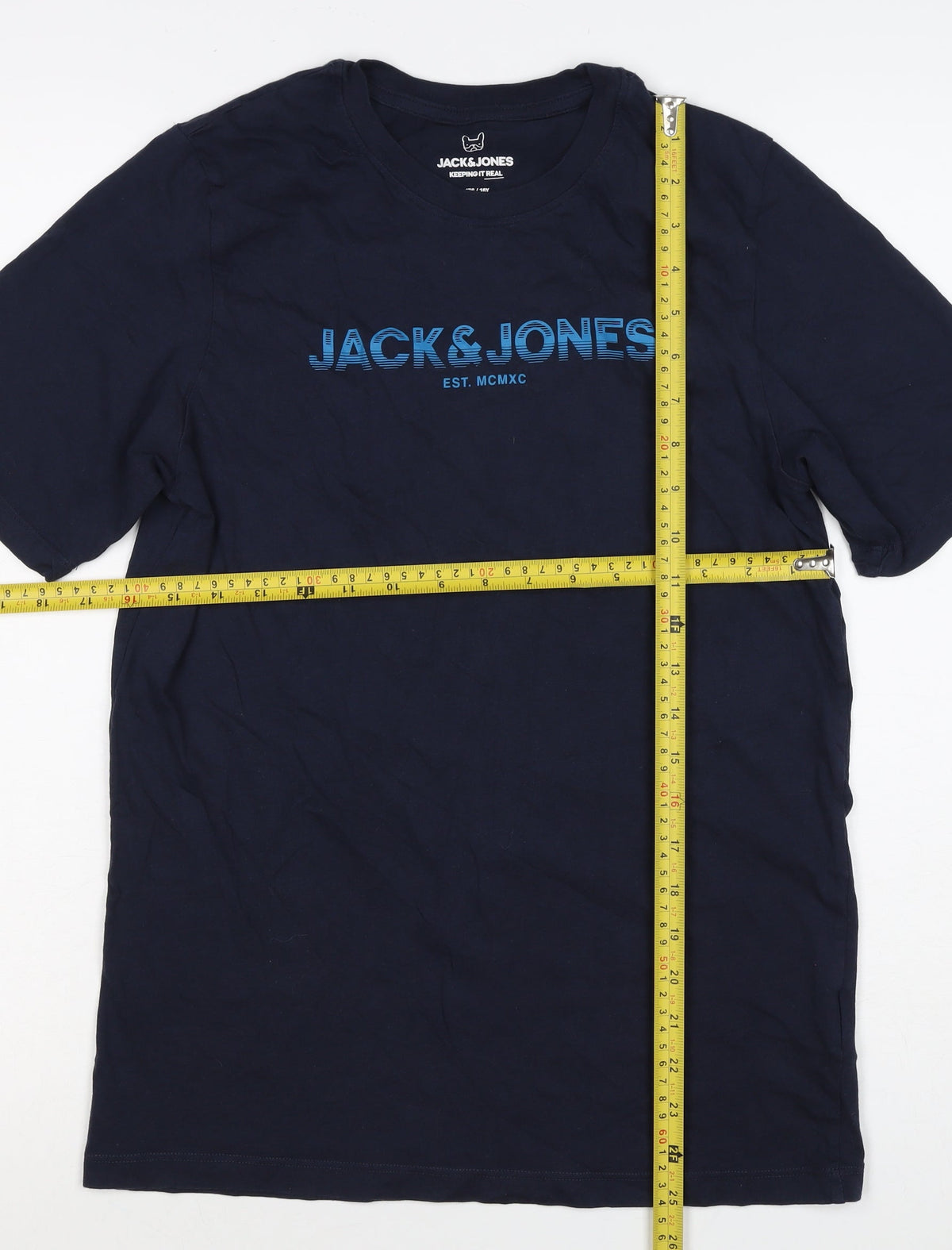 Brand and care label for Jack & Jones Teens Navy Blue XS Logo Graphic Crew Neck T-Shirt