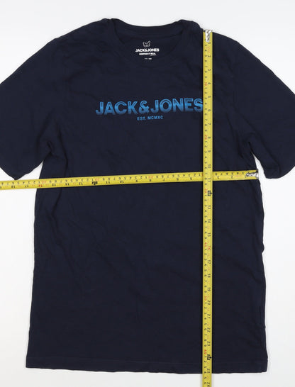 Brand and care label for Jack & Jones Teens Navy Blue XS Logo Graphic Crew Neck T-Shirt