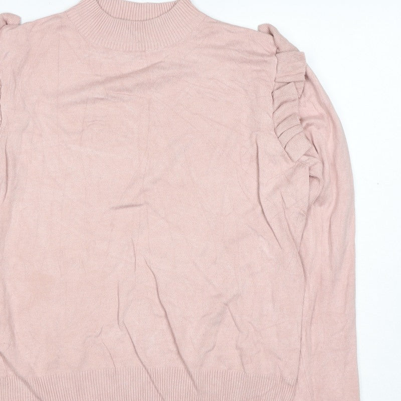 New Look Women Pink Size 14 Ruffle High Neck Knit Jumper