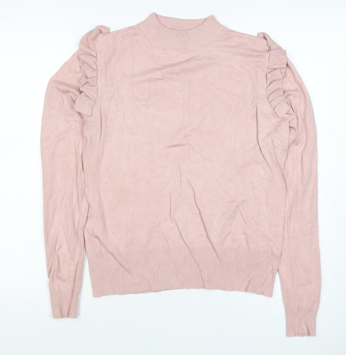 New Look Women Pink Size 14 Ruffle High Neck Knit Jumper