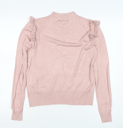 New Look Women Pink Size 14 Ruffle High Neck Knit Jumper