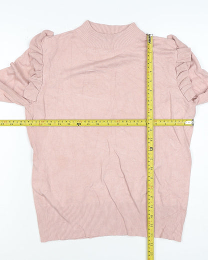 New Look Women Pink Size 14 Ruffle High Neck Knit Jumper