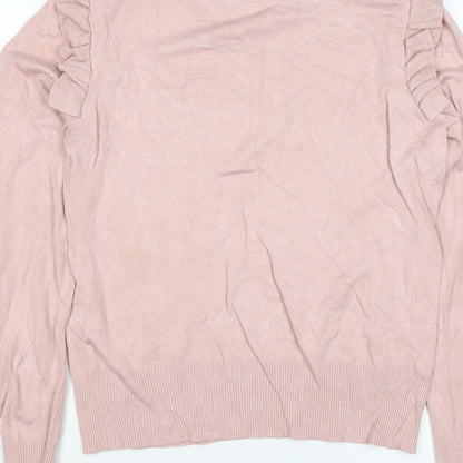 New Look Women Pink Size 14 Ruffle High Neck Knit Jumper