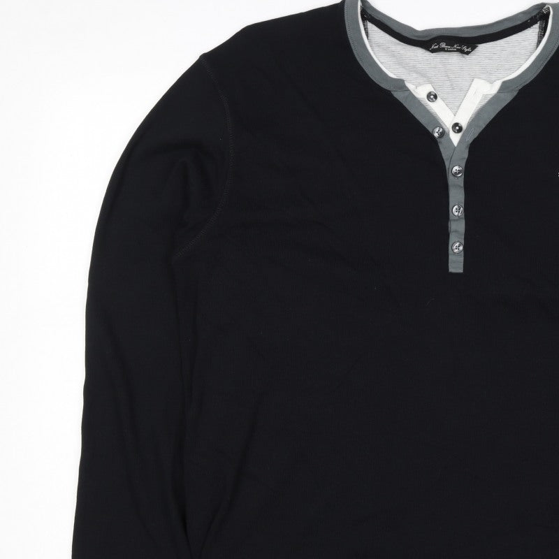 Next Men’s Black XL Cotton Henley Button Logo Sweatshirt