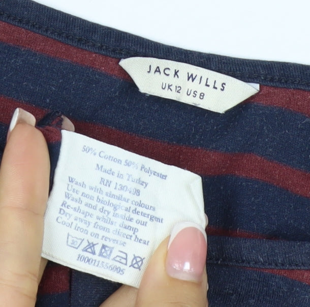 Jack Wills Women Blue Red Stripe UK 12 Basic Jersey T-Shirt Logo