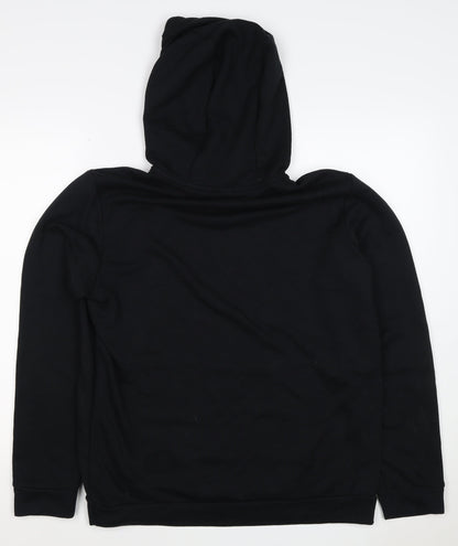 Close-up detail of Nike unisex adults black m pullover hoodie dri-fit swoosh logo