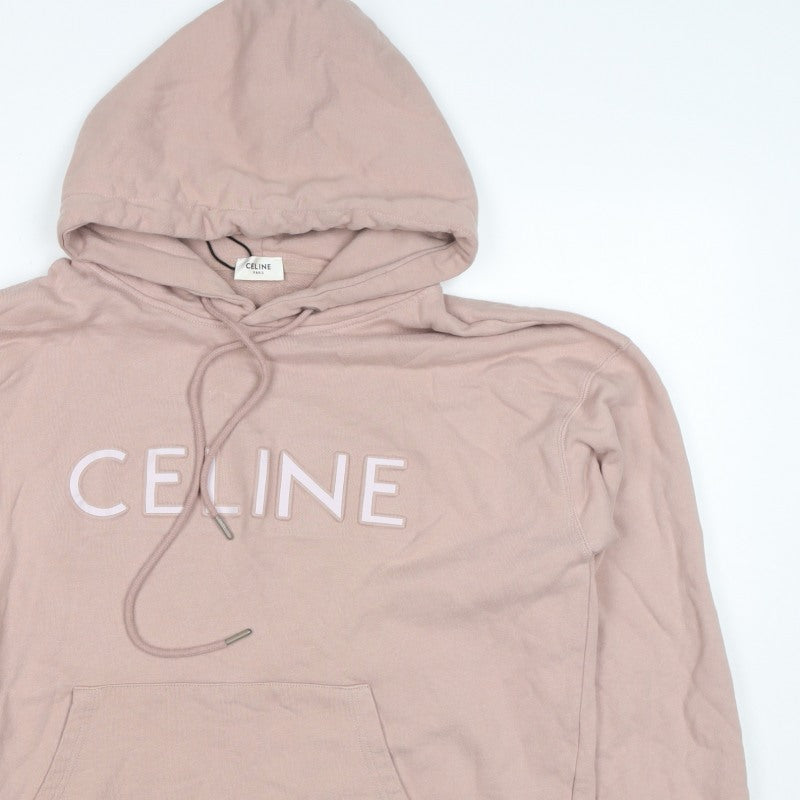 Celine Women’s Pink M Logo Pullover Hoodie Cotton Drawstring