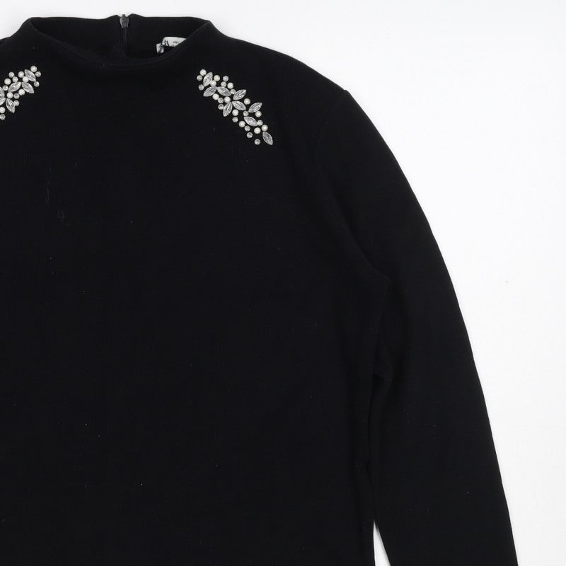 Zara Women Black L Mock Neck Beaded Rhinestone Long Sleeve Knit Top