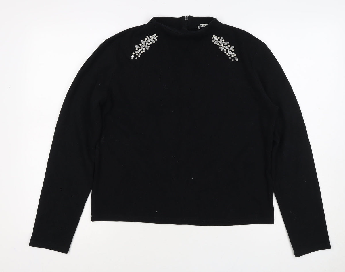 Zara Women Black L Mock Neck Beaded Rhinestone Long Sleeve Knit Top