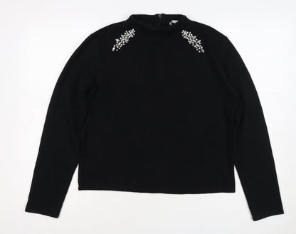 Zara Women Black L Mock Neck Beaded Rhinestone Long Sleeve Knit Top