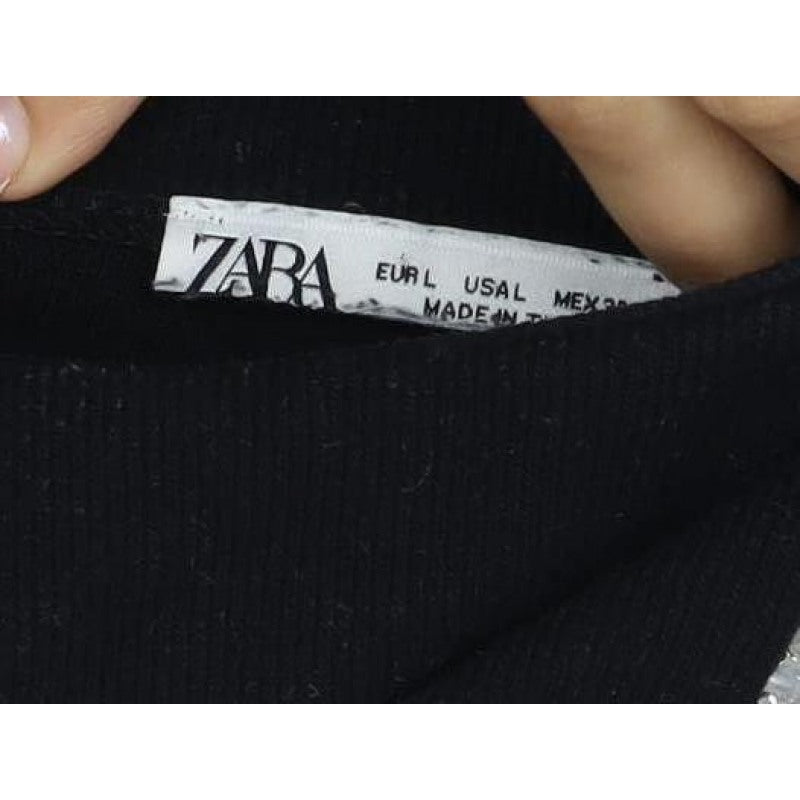 Zara Women Black L Mock Neck Beaded Rhinestone Long Sleeve Knit Top