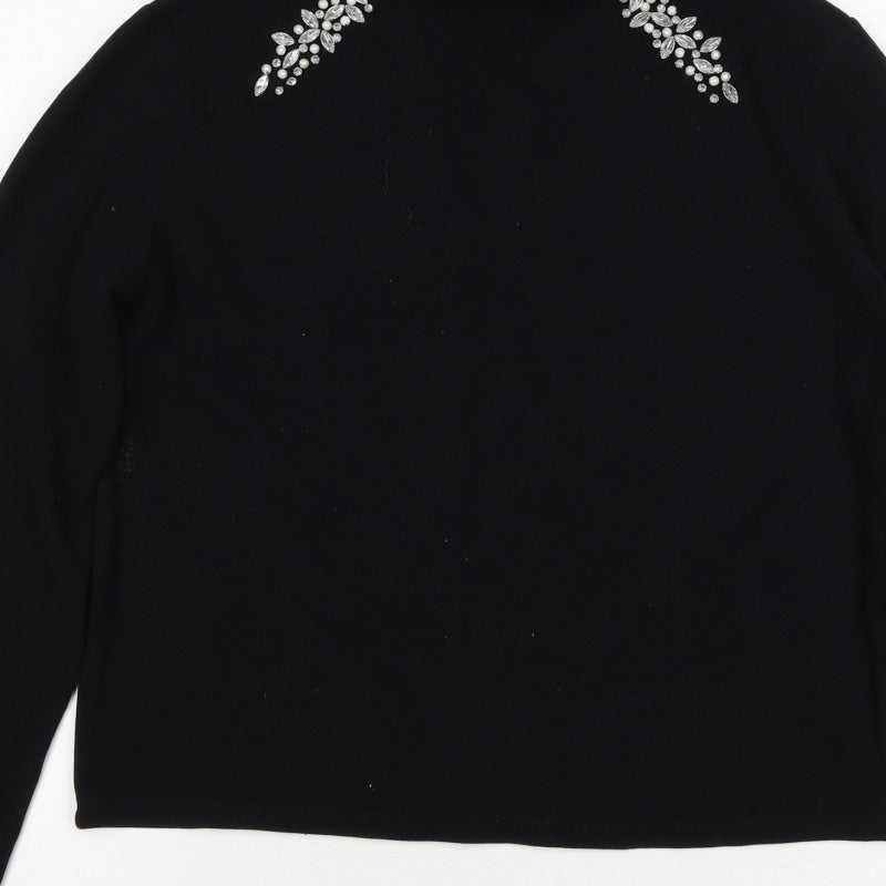 Zara Women Black L Mock Neck Beaded Rhinestone Long Sleeve Knit Top
