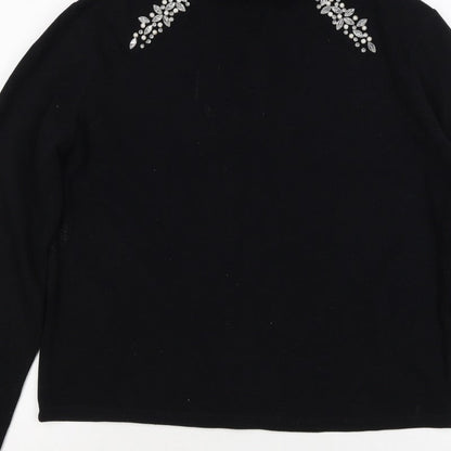 Zara Women Black L Mock Neck Beaded Rhinestone Long Sleeve Knit Top