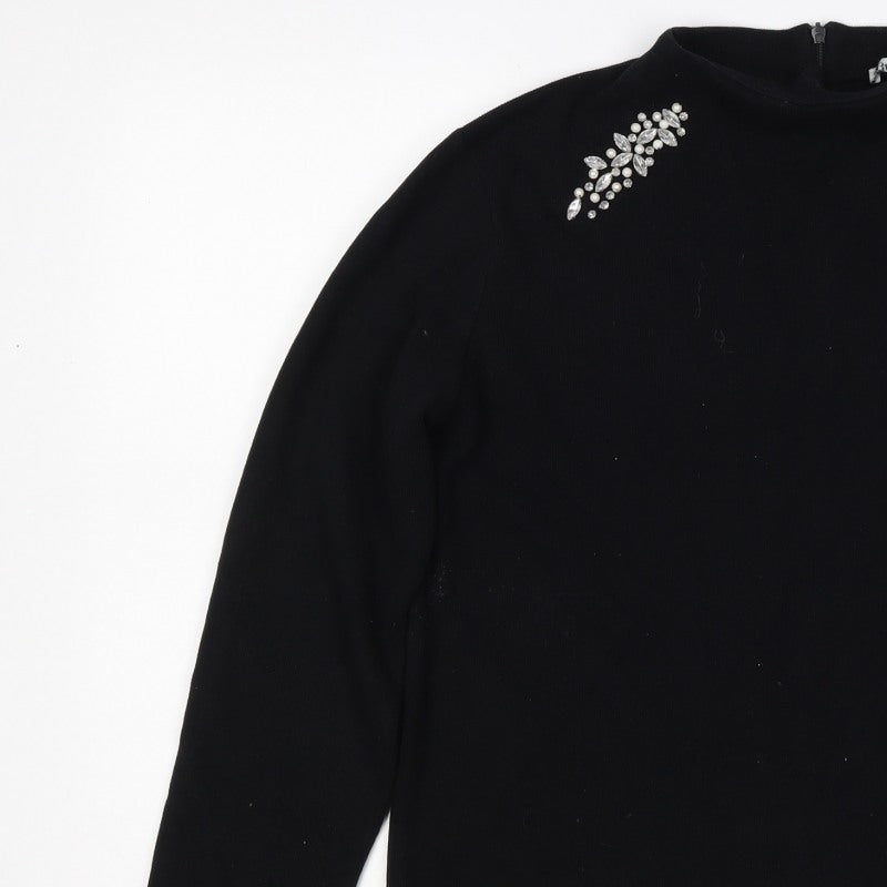 Zara Women Black L Mock Neck Beaded Rhinestone Long Sleeve Knit Top
