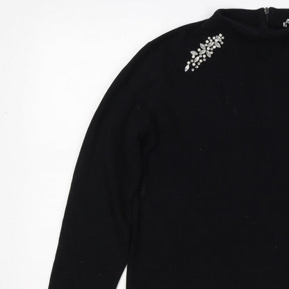 Zara Women Black L Mock Neck Beaded Rhinestone Long Sleeve Knit Top