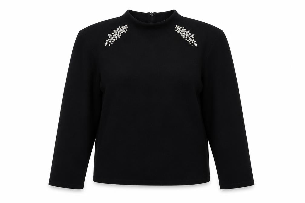 Zara Women Black L Mock Neck Beaded Rhinestone Long Sleeve Knit Top