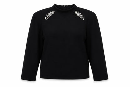 Zara Women Black L Mock Neck Beaded Rhinestone Long Sleeve Knit Top