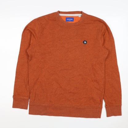Jack & Jones Men's Orange S Crew Neck Logo Fleece Sweatshirt